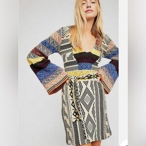Free people Bohemian alpaca wool Patchwork long flare sleeve Sweater Dress
